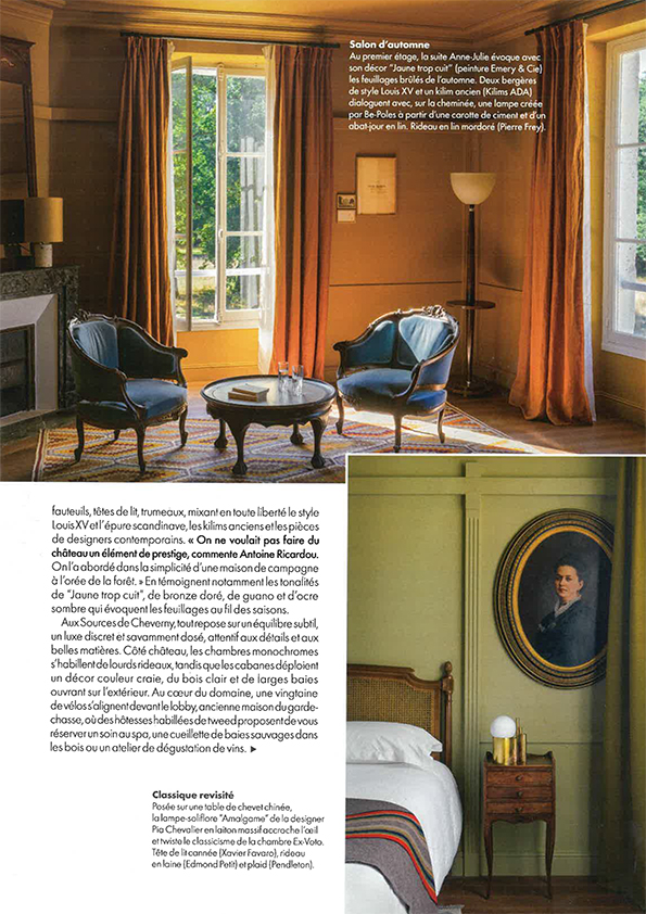 Article Elle Déco - nov 2020 - Les Sources de Cheverny - rideaux & stores refs : Soft Mill et Incendia